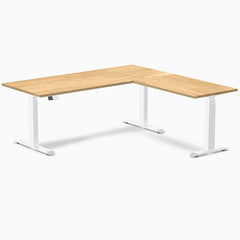 White Oak L-Shape Sit Stand Desk with white frame, 72x30x70x24 inches.
