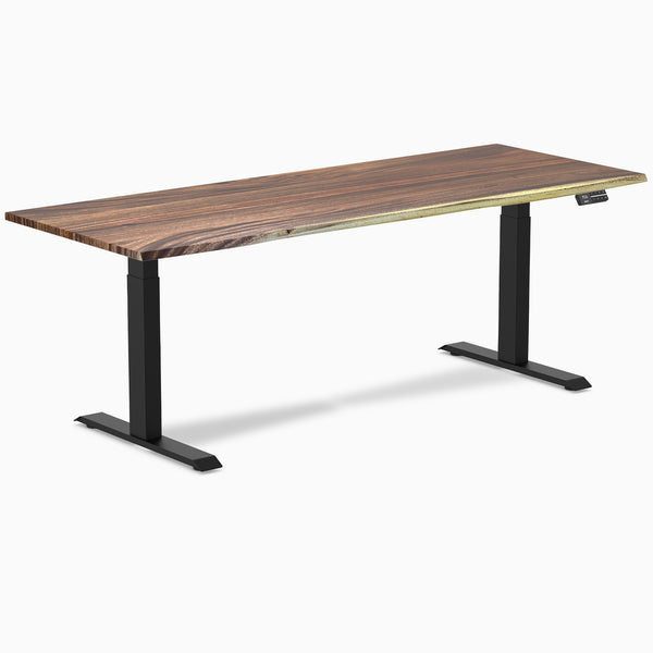 Desky Dual Saman Hardwood Sit Stand Desk with black frame