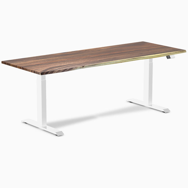 Desky Dual Saman Hardwood Sit Stand Desk with white frame