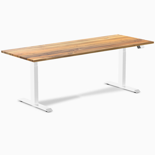Desky Dual Teak Hardwood Sit Stand Desk with white frame