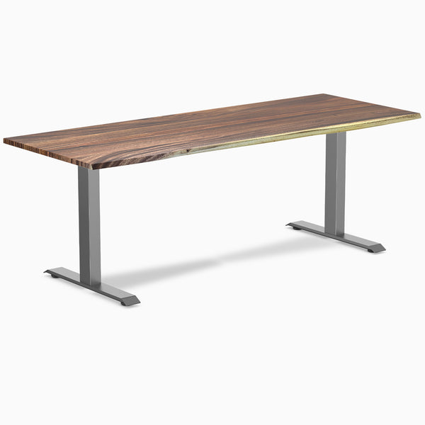 Desky Zero Hardwood Office Desk with a rich wood desktop and gray steel frame.