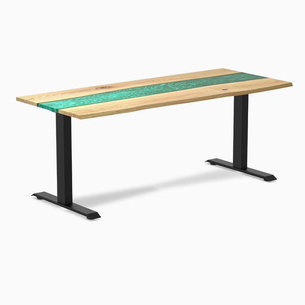 Desky Resin Hardwood Office Desk, White Ash Emerald River desktop, Matte Black frame
