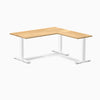 Desky Zero L-Shape Office Desk with White Oak desktop and white steel frame.