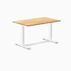 Desky Zero fixed height office desk with a White Oak hardwood top and white steel frame.